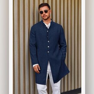 Runcati Men’s Kurta Coat, Mandarin Collar, Wedding, Kaftan Robe, Navy, Size L